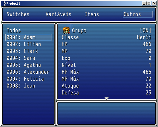 Screenshot do script debug avançado para RPG Maker VX