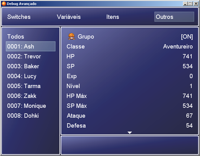 Screenshot do script debug avançado para RPG Maker XP